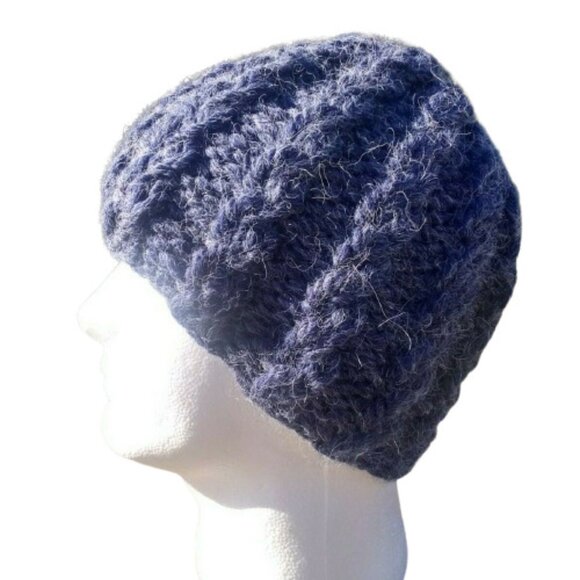 Handmade Other - Chunky Skully Beanie Hat Hand Knit Men's Unisex Midnight Blue Alpaca Blend M/L